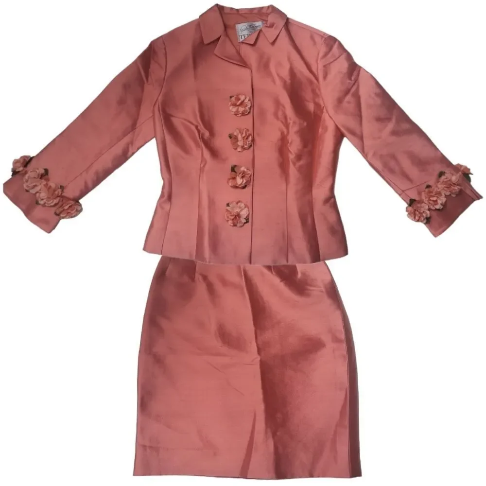TERI JON Vintage Pink Floral 2-Piece Suit Blazer Skirt Size‎ 2
